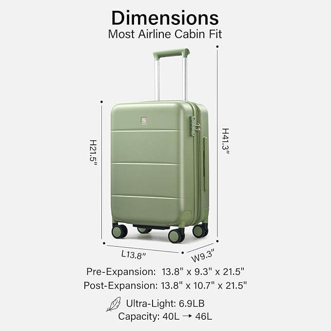 Hanke Expandable Carry On Luggage 22x14x9 Airline Approved, 20 Inch Hardside Luggage with Spinner Wheels, All-PC Hard Shell Carry-On Suitcase, Lightweight & TSA Approved (Bamboo Green, 46L)