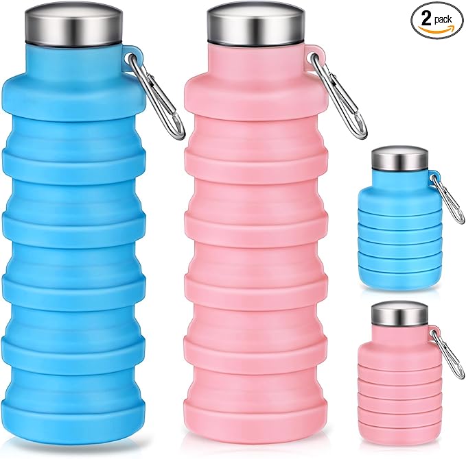 Baderke 2 Pcs Collapsible Water Bottles 17oz Silicone Travel Foldable Portable Water Bottle with Buckle Silicone Lightweight Reusable Leakproof for Camping Hiking Cycling Sport(Pink, Blue)