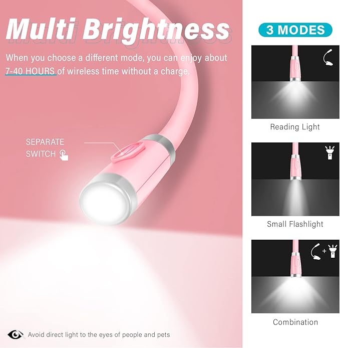 Vekkia Rechargeable LED Neck Reading Light, Book Lights for Reading in Bed, 3 Brightness Levels, Flexible Soft Silicone Arms Comfortable Wear, Long Lasting, Perfect for Craft & Knitting, Pink