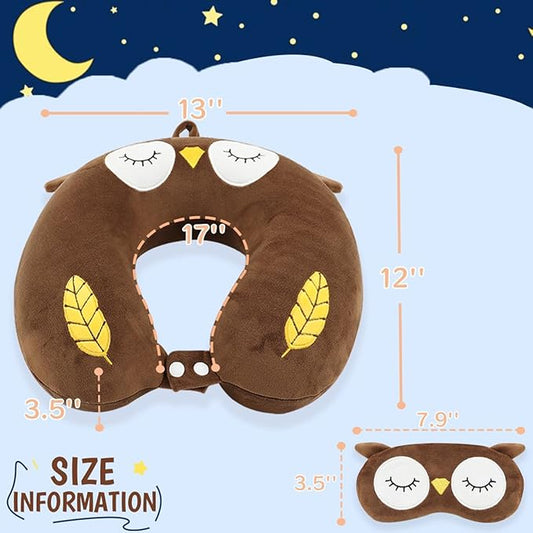 Sexysamba Travel Pillow for Kids Adults with Sleep Eye Mask Cute Cartoon U Shaped Memory Foam Neck Pillows for Travel Head Rest & Neck Support for Airplane, Car, Office Sleeping, Brown Owl