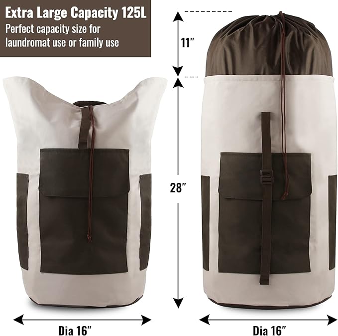 Laundry Bag Backpack, 125L Extra Large Travel Laundry Bags with Shoulder Straps, Adjustable & Extendable Design, Laundry Hamper Bag with 3 Pockets for Laundromat, College, Travel, Camping