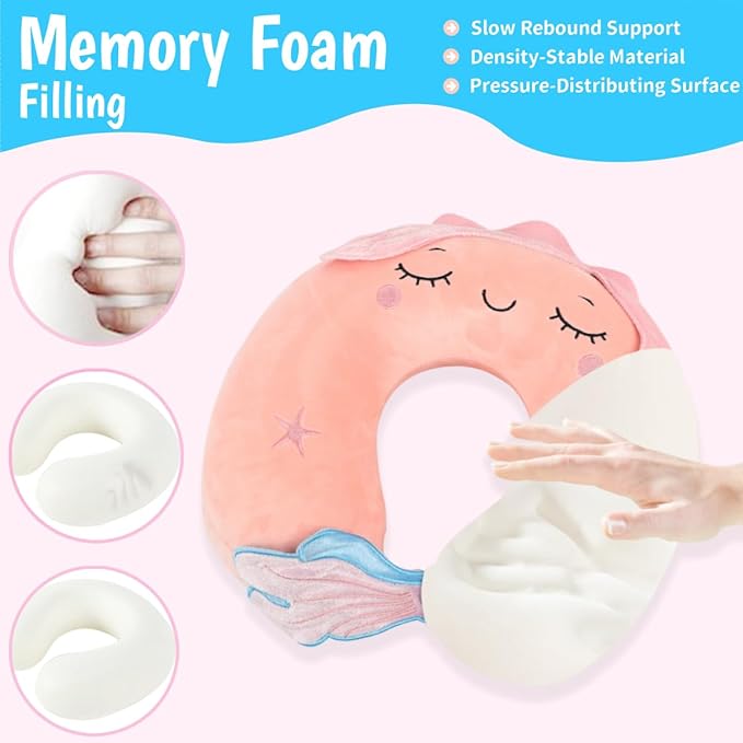 Sexysamba Travel Pillow for Kids Adults with Sleep Eye Mask Cute Cartoon U Shaped Memory Foam Neck Pillows for Travel Head Rest & Neck Support for Airplane, Car, Office Sleeping, Pink Mermaid