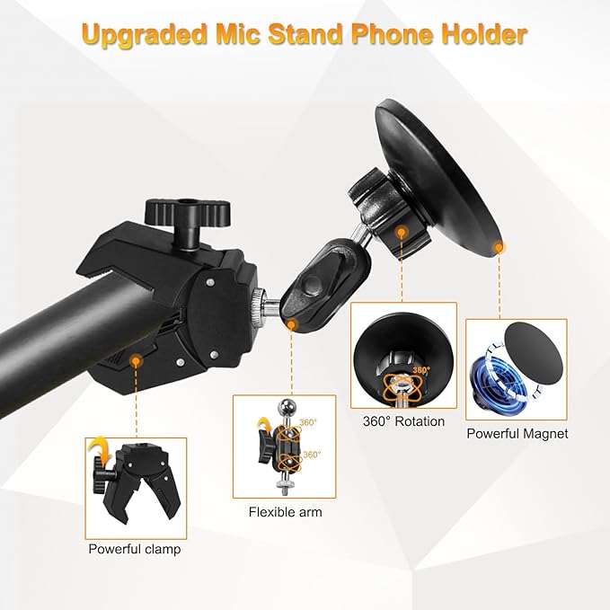 Mic Stand Phone Holder, for MagSafe Phone Holder with Clamp, Dual Ball Head 360° Swivel Magnetic Microphone Stand Phone Mount Clip for iPhone 16 15 14 MAX Pro Samsung Galaxy and Any Smartphones