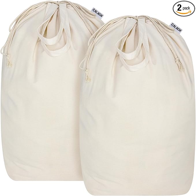 Canvas Laundry Bags with Handles & Square Base13.8"x 13.8", Large Heavy Duty Laundry Hamper Bag, College Dorm Washable Drawstring Cotton Dirty Clothes Sack (Beige,2 Pack)