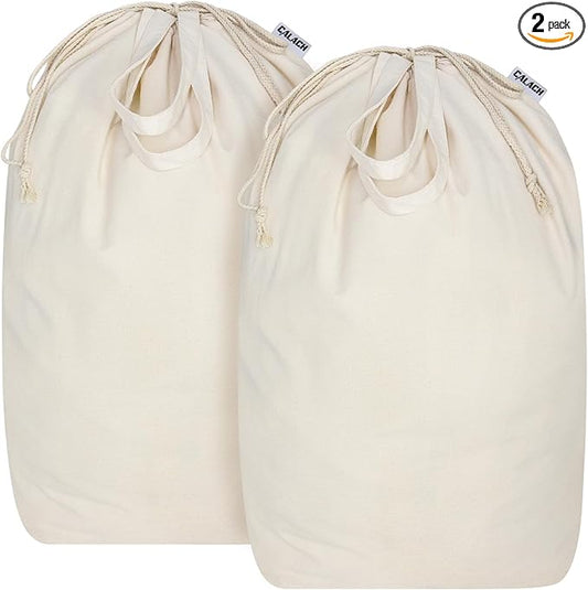 Canvas Laundry Bags with Handles & Square Base13.8"x 13.8", Large Heavy Duty Laundry Hamper Bag, College Dorm Washable Drawstring Cotton Dirty Clothes Sack (Beige,2 Pack)