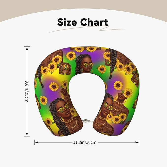 Memory Foam Neck Pillow African American Black Woman Girl Painting Sunflower, Travel U Shaped Airplane/Car/Flight Pillows with Removable Zipper Cover, Chin Head Neck Support Cushion