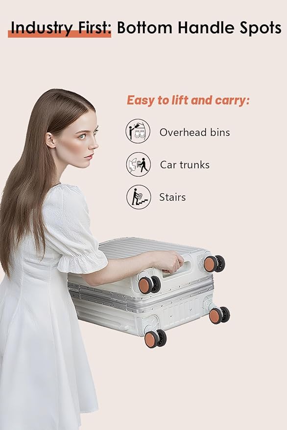 26 Inch Hardside Checked Luggage with Leather Handle, PC Zipperless Suitcase with Spinner Wheels and TSA Locks, Lightweight Checked Luggage for Travel, Silver