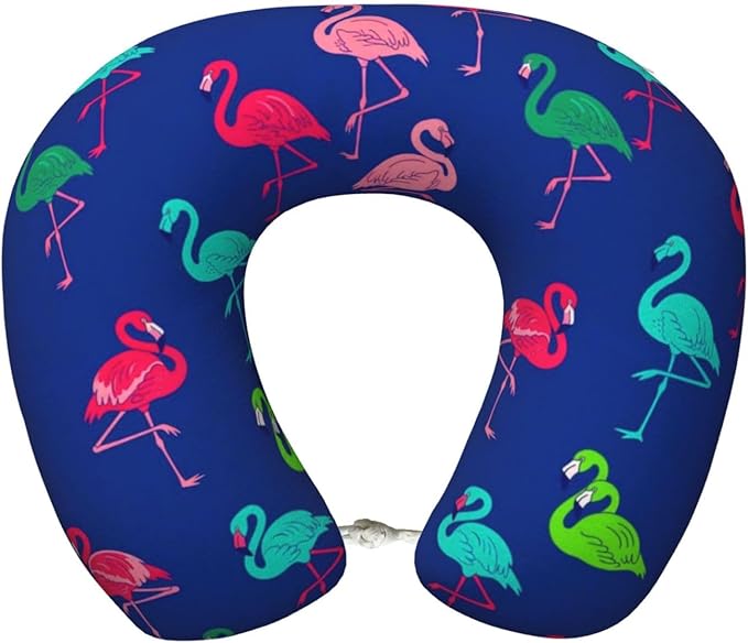 Support Neck Pillow for Youth Travel, Washable Airplane Chin Supporting and Relax U Shaped Pillows Teal Pink Flamingo Blue