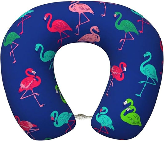 Support Neck Pillow for Youth Travel, Washable Airplane Chin Supporting and Relax U Shaped Pillows Teal Pink Flamingo Blue
