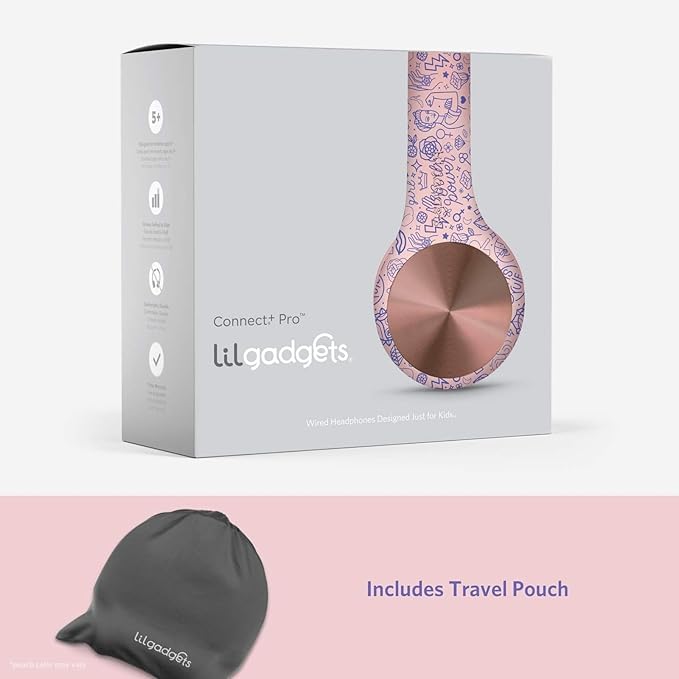 LilGadgets Connect+ Pro Wired Kids Headphones for School with Microphone, Volume Limiting Over-Ear Headset with Cord, SharePort Technology & SoftTouch Padding, Girl Power