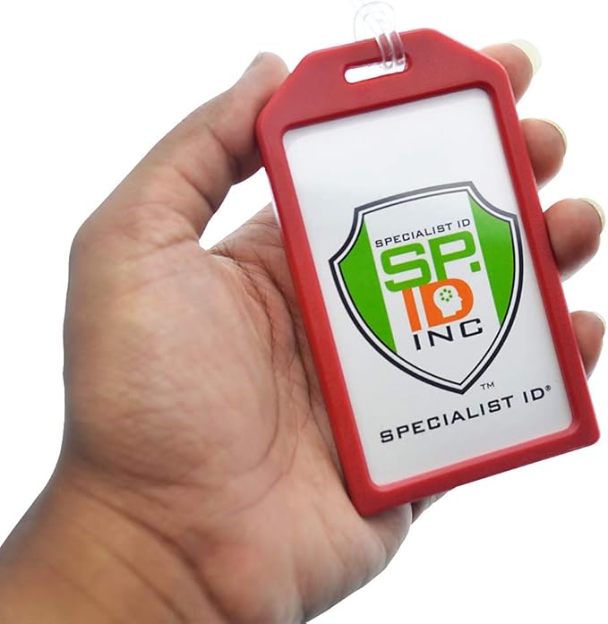 5 Pack - Premium Rigid Airline Luggage Tag Holders with 6" Worm Loops - Heavy Duty Hard Plastic -Suitcase ID Tag Identifiers with Business Card Insert Window by Specialist ID (Red)