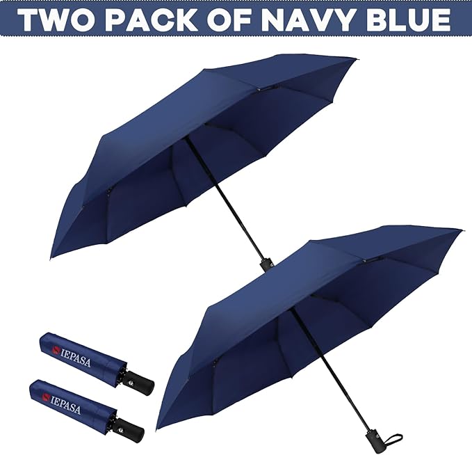 SIEPASA Two Pack The Original Portable Travel Umbrella - Umbrellas for Rain Windproof, Compact Umbrella for Wind and Rain, Backpack, and On-the-Go.(Navy Blue & Navy Blue, 2 Pack)