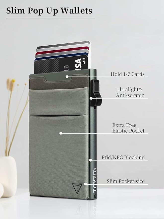Slim Wallet for Men and Women,Pop Up Credit Card Wallet Metal Minimalist Cards Holder with Money Pocket,Small Ultralight Aluminum RFID Blocking Wallets 6-12 Card Capacity,Grey