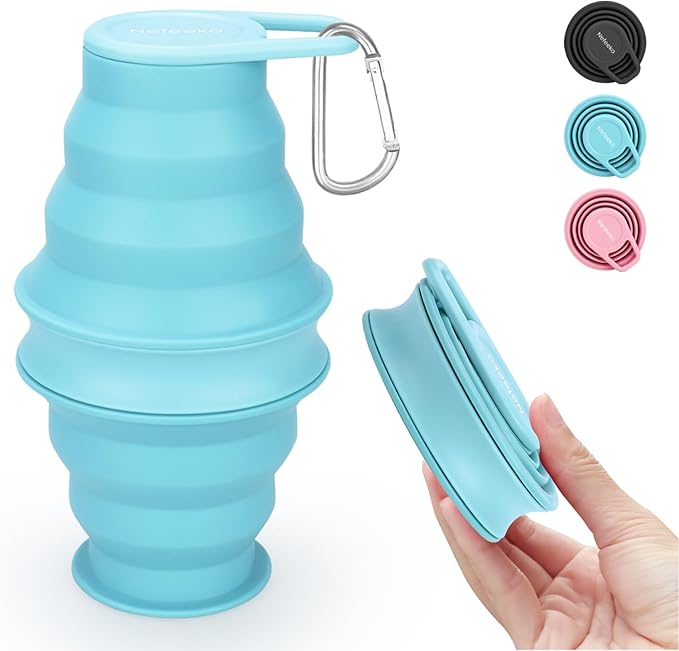 Nefeeko Collapsible Water Bottle,17oz(500ml) Reuseable BPA Free Silicone Foldable Water Bottles for Travel Gym Camping Hiking, Portable Leak Proof Sports Water Bottle with Carabiner