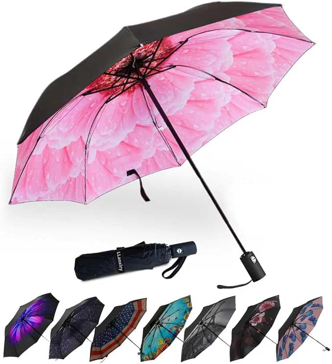 LLanxiry Compact Travel Umbrella, 44" Canopy, Automatic Open/Close Windproof Umbrella, 210T Pongee, 8-Rib Fiberglass, Travel Size Mini, Portable Rain/Sun Umbrellas UPF 50+ with Cover