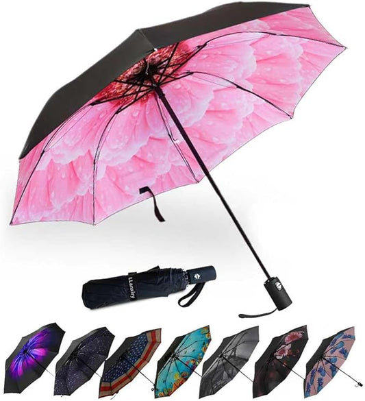 LLanxiry Compact Travel Umbrella, 44" Canopy, Automatic Open/Close Windproof Umbrella, 210T Pongee, 8-Rib Fiberglass, Travel Size Mini, Portable Rain/Sun Umbrellas UPF 50+ with Cover