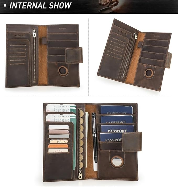 Unisex Genuine Leather Wallet Retro Crazy Horse Leather RFID Blocking Family Travel Passport Holder Slot (Coffee)