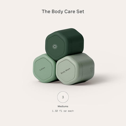 Cadence Travel Containers - Body Care Capsule Set - Magnetic Containers with Lids,Carry On Travel Essentials for Women/Men - 3 Flex Mediums (1.32oz) - Body Wash, Lotion & Sun Icon Labels - Evergreen