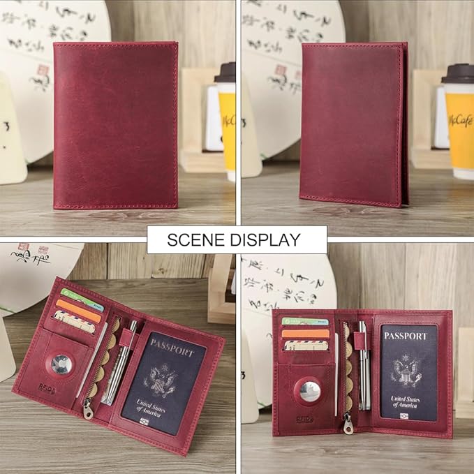 CONTACTS Full Grain Leather Airtag Passport Holder RFID Blocking Travel Passport Wallet Slim Passport Cover Case with 4 Cards Slots, Coin Pocket (Wine Red)