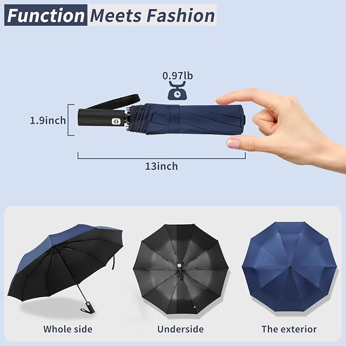 Satol Compact Umbrellas Automatic Open/Close, 46 Inch Windproof Travel Umbrellas, 10-Rib Umbrella for Rain, UPF 50+ UV Protection Sturdy Folding Umbrella