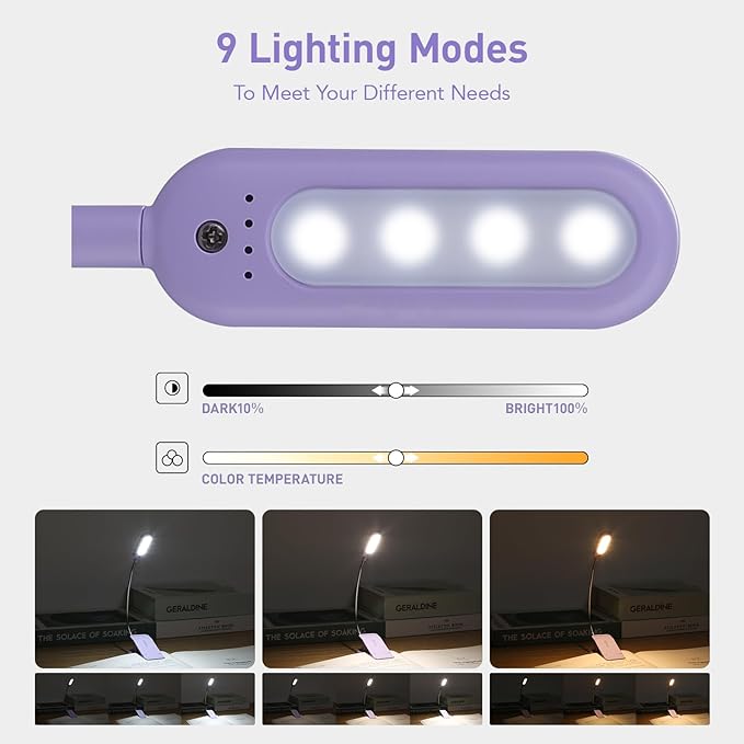 VAVOFO Rechargeable Book Light for Reading in Bed Kids, 7 LED Reading Light with 9-Level Warm Cool White Daylight, Eye Care Lamp with Power Indicator for Bookworms (Purple)
