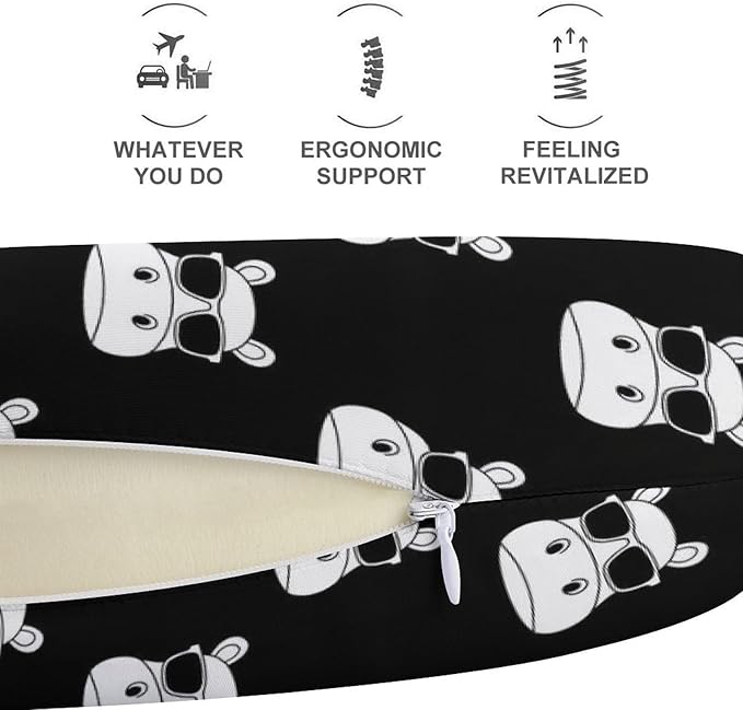 Youth Travel Neck Pillow Soft Memory Foam Chin Support Hippo Hippopotamus Wearing Sunglasses, Washable Cover for Boys Girls Airplane Car School Rest