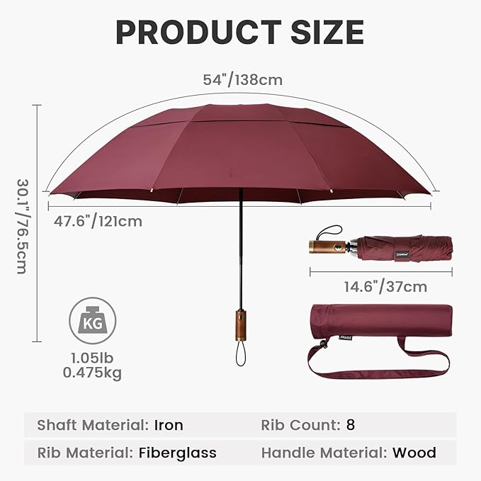 G4Free 54 Inch Inverted Windproof Umbrella with Wooden Handle, Large Double Canopy Auto Open & Close Golf Umbrella, Portable & Durable Rain Umbrella, Fits Car & Backpack