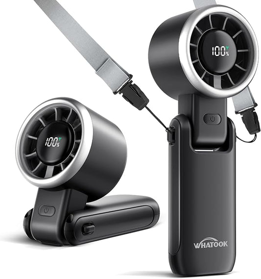 WHATOOK Portable Fan Rechargeable Mini Fan: Hand Fan with Air Turbo Tech, 4000mAh and 5 Speeds Led Display, 3 IN 1 Foldable Small Personal Fans for Travel, Outdoor, Working, Shopping (Black)