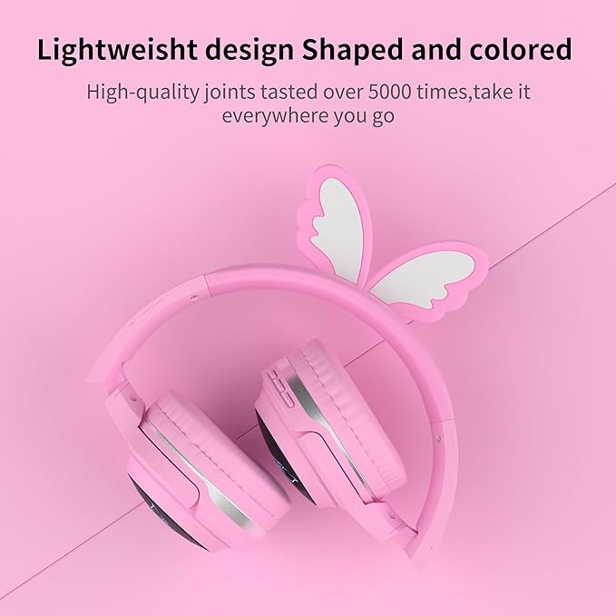 Kids Wireless Headphones with 7-Color RGB LED Lights, Long Playtime, Ultra-Soft Over-Ear for School Travel, Pink Butterfly Wings