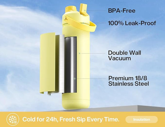 POWCAN 26 oz Insulated Water Bottle with 2-in-1 Straw and Spout Lid, Keep Cold 24H, Leak-Proof, Fits in Car Cup Holder, Stainless Steel Water Bottle for Sports, Travel, Gym, and School (Butter)
