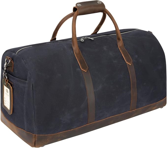 Waxed Canvas Weekender Duffle Bag, Vintage Style Travel Bag with Leather Trim, Army Green (Black)