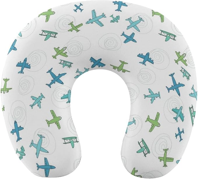 Kids Washable U-Shaped Travel Pillow Neck Support, Fun Airplanes On White Sky U-Shape, Airplane Car Nap Chin Cushion