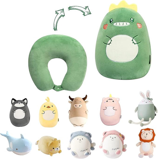 Kids Travel Pillow - 2-in-1 Deformable Kids Neck Pillow for Traveling, Soft U-Shaped Pillow with Adorable Animal Design, Comfy Sleep and Play, Ideal for Airplanes Travel - Dinosaur