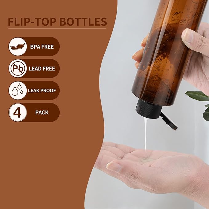LISAPACK 8.3oz Travel Bottles with Flip Cap (4 Pcs) Empty Dispenser Container for Travel Size Cosmetics (250ml, Brown)