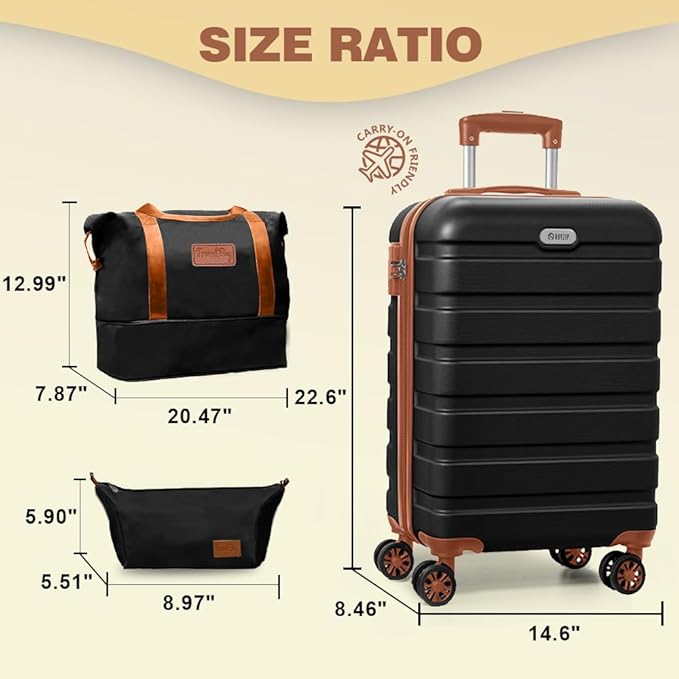 AnyZip Luggage Set 20 Inch Carry on Luggage PC ABS Hardshell Lightweight Suitcases for Travelling with 4 Universal Wheels TSA Lock Black Brown