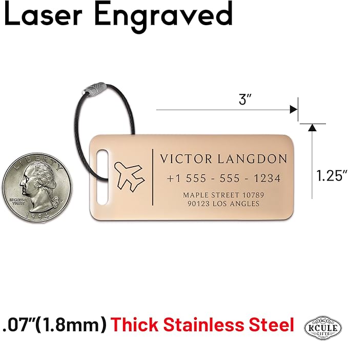 Personalized Luggage Tags for Suitcases - Stainless Steel Custom Luggage Tags for Backpacks & Bags, Sturdy, Waterproof & Heavy Duty (Rose Gold / 3" x 1.25")