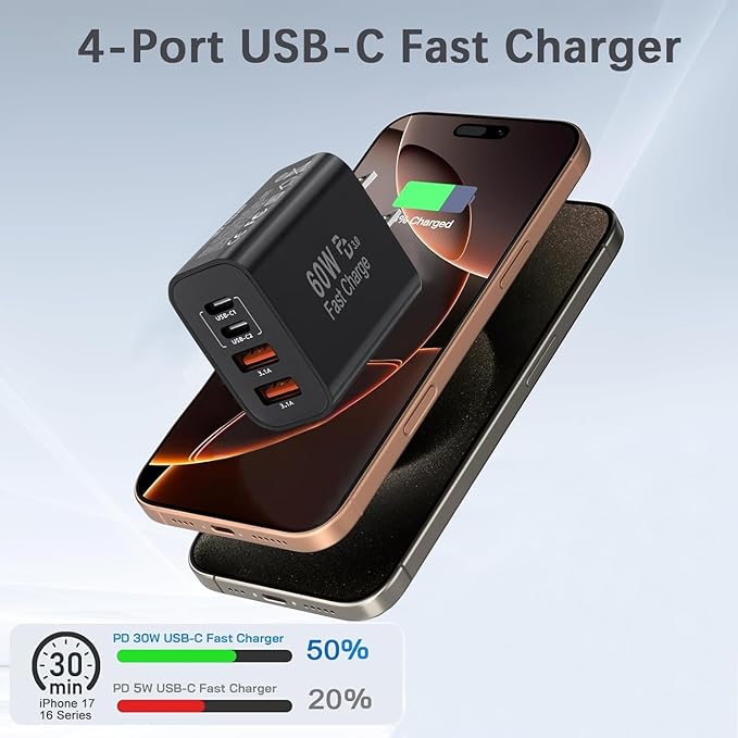 60W USB C Charger Block,2Pack 4-Port GaN USB C Charger Fast Charging Wall Plug Dual Type C+Dual USB-A Port,Multiport Power Adapter Cube for iPhone 17 Pro Max/16e/15/14/13/12/11,iPad Pro/Air/Mini-Black