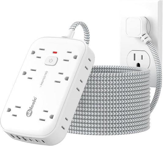 2100J Surge Protector Power Strip - 15 Ft Extension Cord with 6 USB Charging Station and 12 Outlets, Flat Plug Long Thin Extension Cord with Multiple Outlets Wall Mount for Home Office Dorm