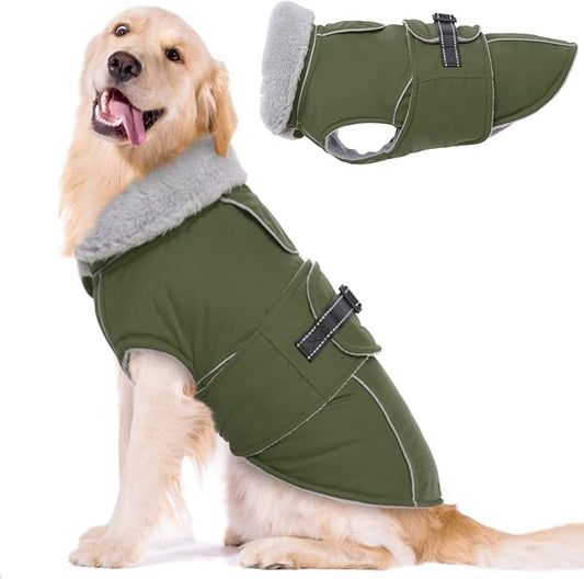 Lelepet Warm Dog Coat Reflective Fleece Vest Waterproof Dog Jacket with Adjustable Buckle Hook & Loop Windproof Cold Weather Coats for Small Medium Large Dogs, Army Green, XL
