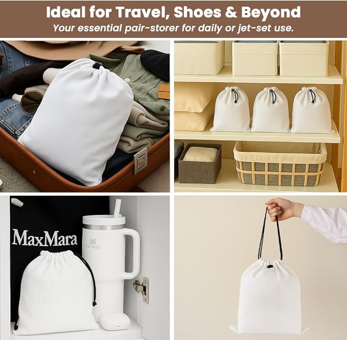 LFH Cotton Rich Shoe Storage Bags with Drawstring, Dustproof Breathable Reusable Organizer, Perfect For Travel, Dorm, Hotel, College, Gym, Easy to Carry, Machine Washable 12"x17" (Pack of 4) - White