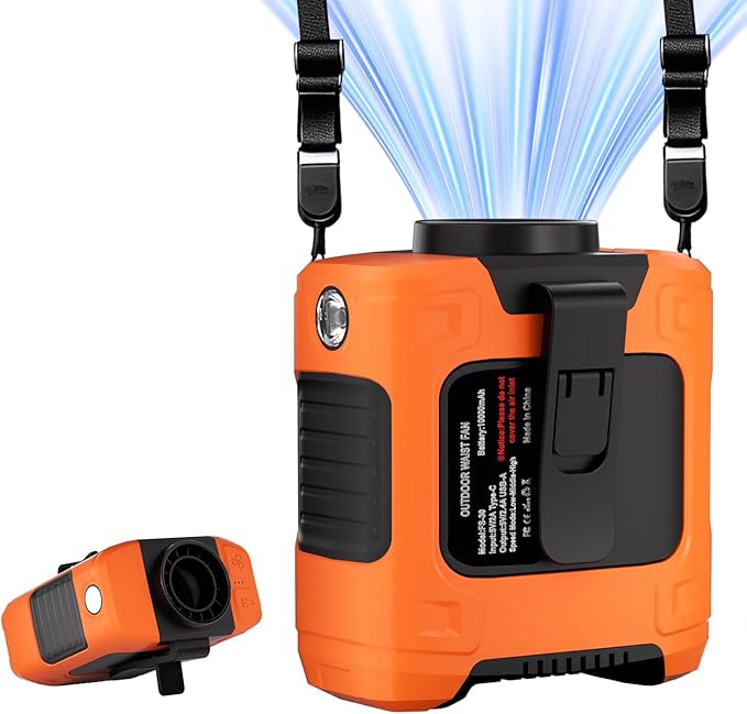 Portable Waist Fan 18000RPM Strong Airflow Waist Fan Belt fan With Max 12H Working Time 3 Speeds adjustment With LED flashlight Rechargeable Personal Fan for Outdoor Jobsite(Orange)