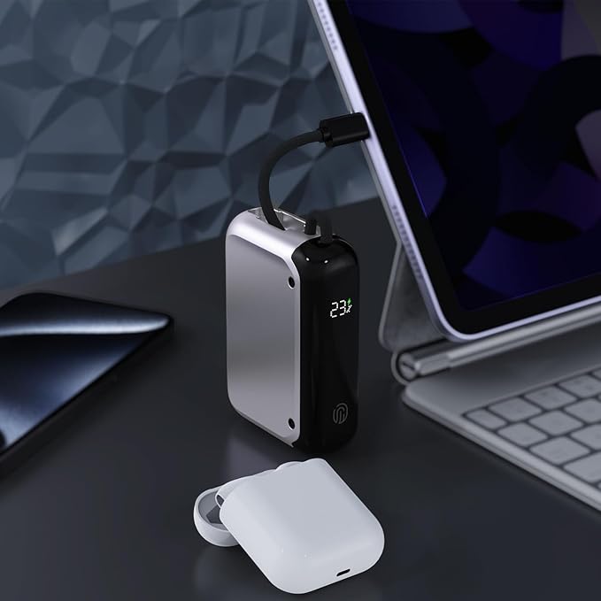 10000mAh Portable Charger, 30W PD Fast Power Bank with Built-in USB-C Cable - Ultra Compact for Travel, iPhone, Samsung Galaxy, MacBook, Nintendo Switch (Silver)