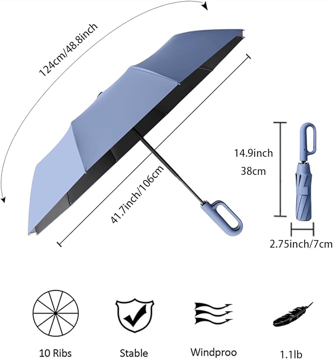 Travel Folding Golf Umbrella 10 Ribs Automatic Open/Close,Lightweight Compact Portable Backpack Car Parasol Outdoor,Sun/Rain,Anti 99 UV Protection UPF 50,Men Women Carabiner Handle Design