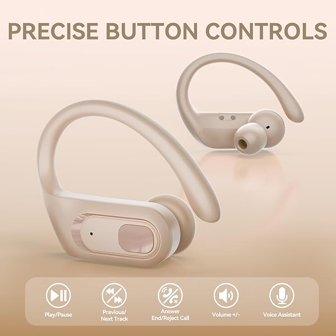 occiam Active Noise Cancelling Wireless Earbuds Bluetooth Headphones Ear Buds 96Hrs Playback Clear Call Waterproof Earphones with Ear Hook Microphones for Sport Running (Off-White Standard)