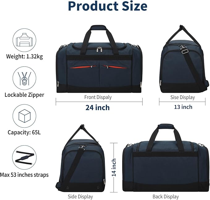 24 inch Large Gym Bag for Men - 65L Hard Bottom Duffle Bag with Shoes Compartment for Sport/Travel - Navy Blue