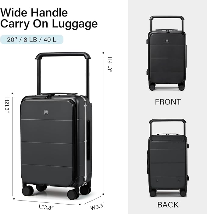 Hanke Top Opening Carry On Luggage, 20 Inch Zipperless Aluminum Frame Wide Handle Luggage, All-PC Hard Shell Trunk Suitcase with Spinner Wheels, TSA Airline Approved (Jet Black, 40L)