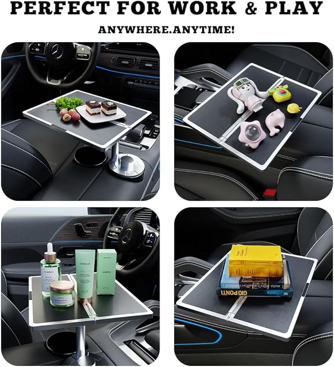 Partsable Foldable 360 Rotating Leather Car Desk Tray for Laptop, Compatible with Tesla Model Y/3/S, Ford F150, Silver White