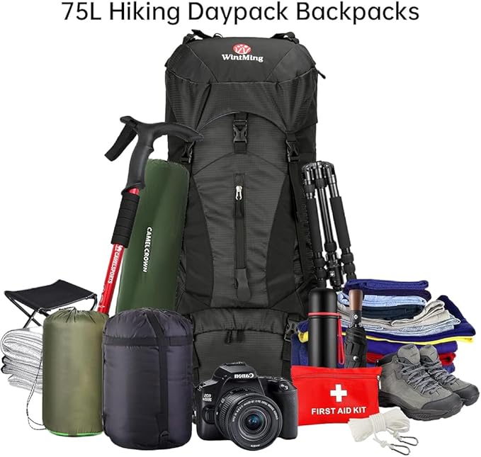 Hiking Backpack for Men and Women 70L+5L Waterproof Lightweight Camping Daypack with Rain Cover - Frameless (black-b)