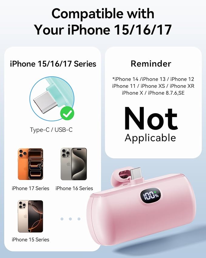 [2 Pack Mini Portable Charger USB C, 5000mAh Cell Phone Portable Power Bank, 22.5W Max Fast Charging Battery Pack for iPhone17/16/15/Android etc, Travel Essential, LCD Display, Pink&Green
