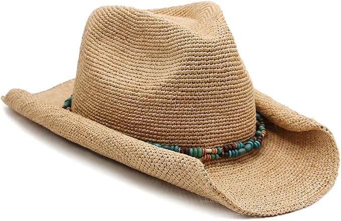 Raffia Straw Cowboy Hat,Women's Crocheted Summer Straw Hats, Classic Beach Sun Hats